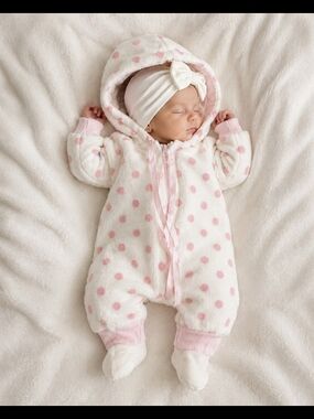 Vintage 1980s Tiny Tots Signature Pink Polka Dot Plush Hooded Bunting Suit